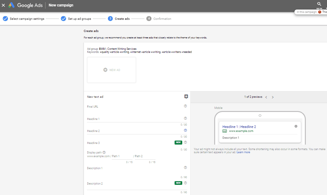 Google Ads Copies Dashboard