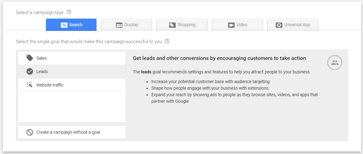 Google Ads Leads Objective Setup