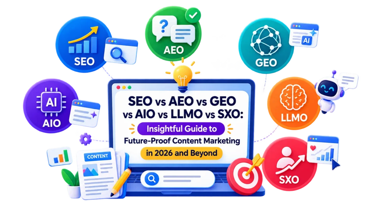 SEO vs AEO vs GEO vs AIO vs LLMO vs SXO - Differences to Future Proof Content Marketing
