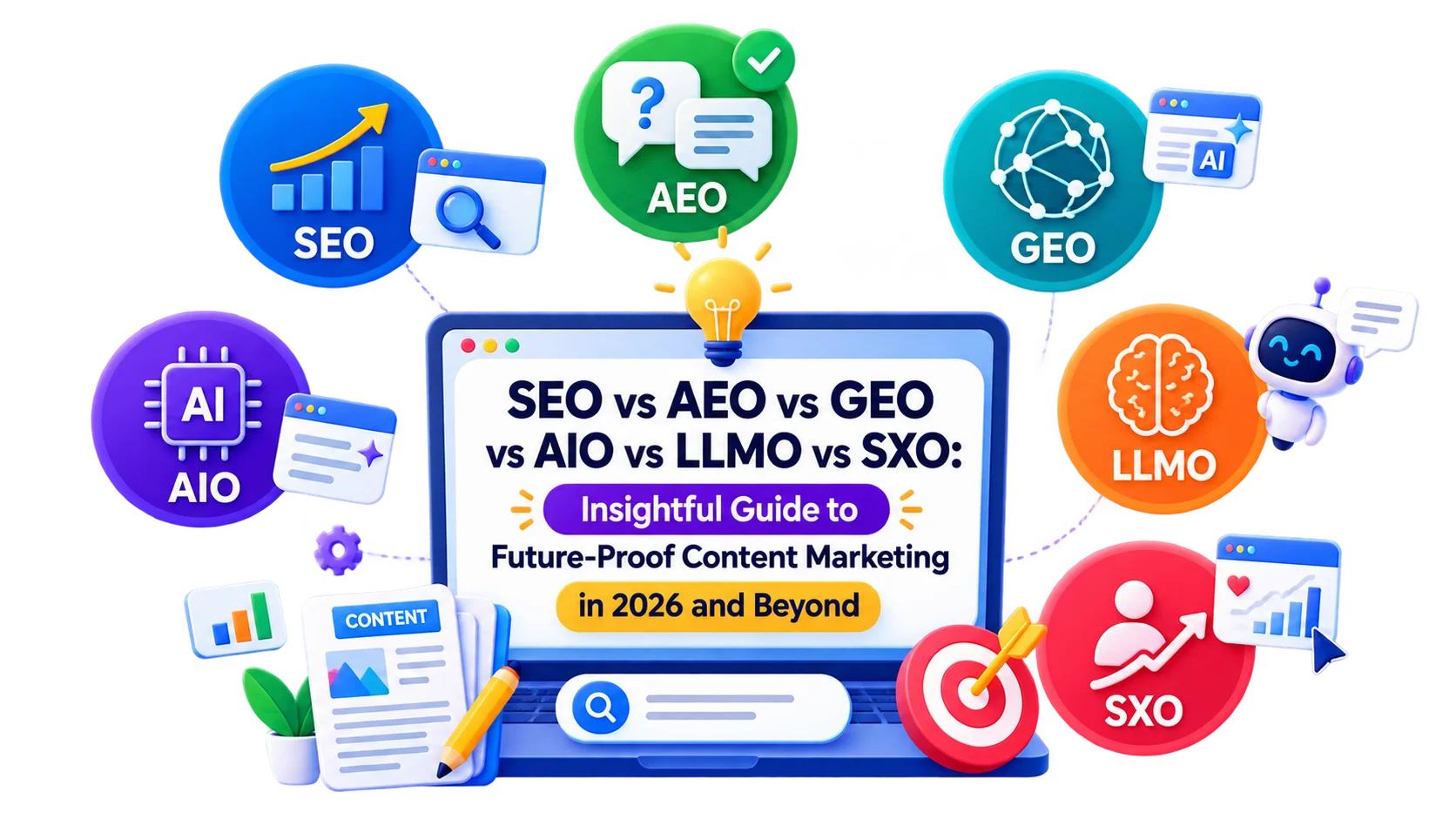 SEO vs AEO vs GEO vs AIO vs LLMO vs SXO - Differences to Future Proof Content Marketing